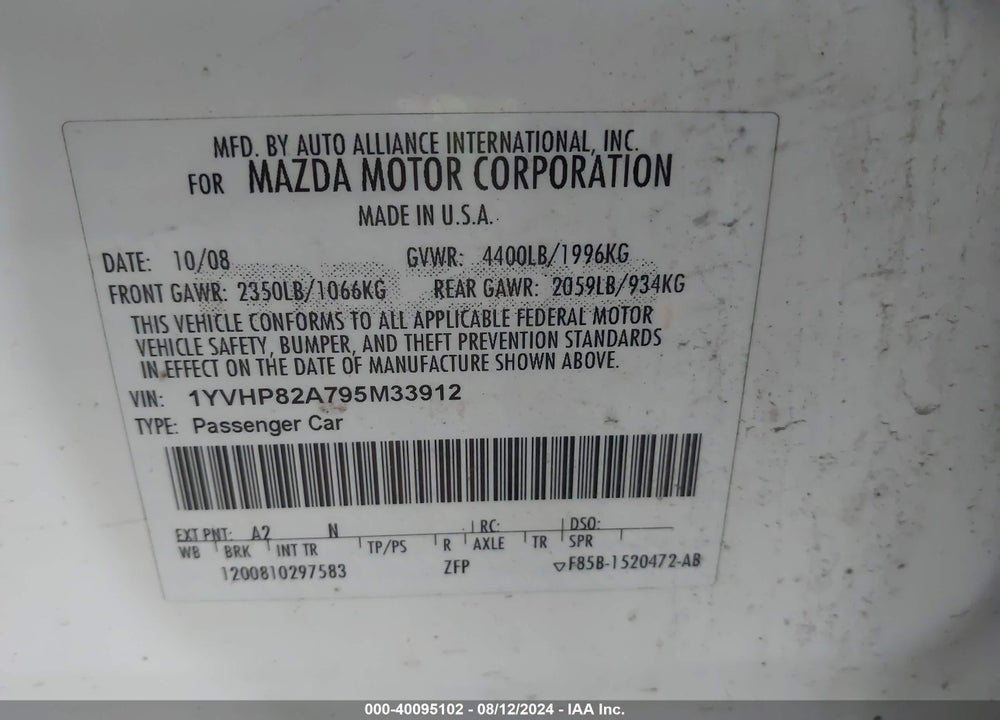 2009 MAZDA 6 I GRAND TOURING VIN: 1YVHP82A795M33912