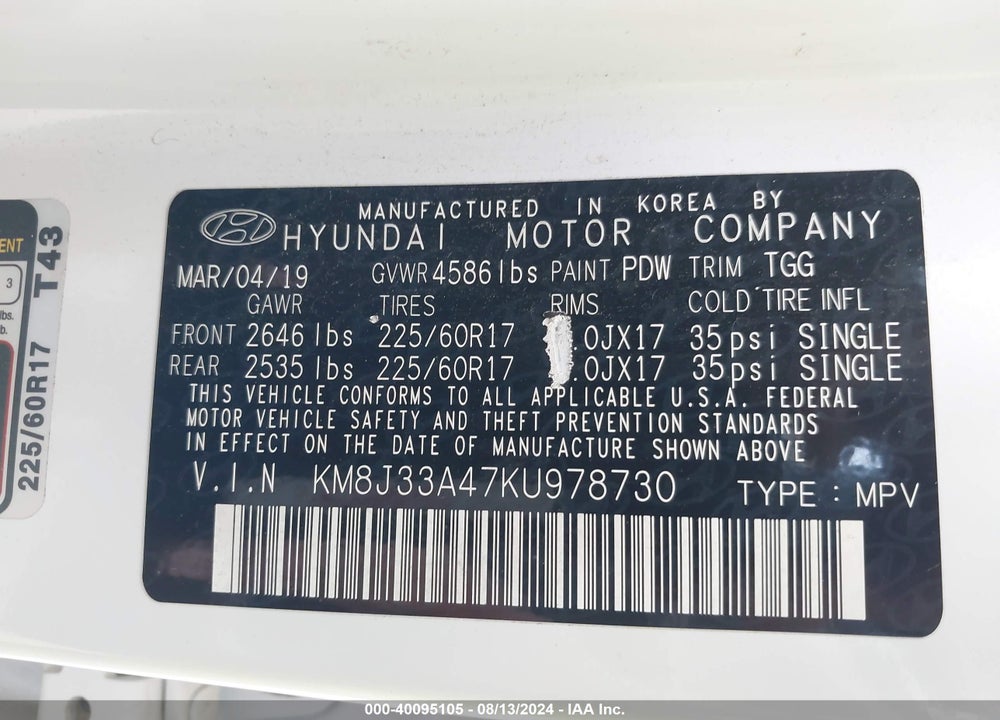 2019 HYUNDAI TUCSON VALUE VIN: KM8J33A47KU978730