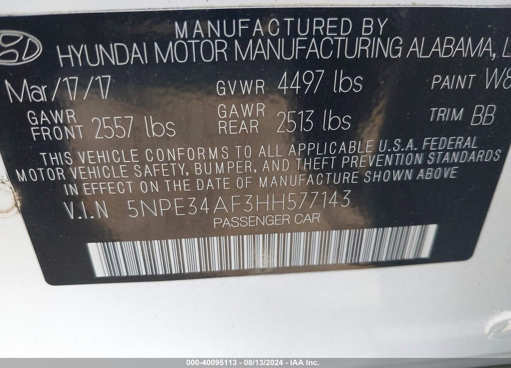 2017 HYUNDAI SONATA SPORT VIN: 5NPE34AF3HH577143