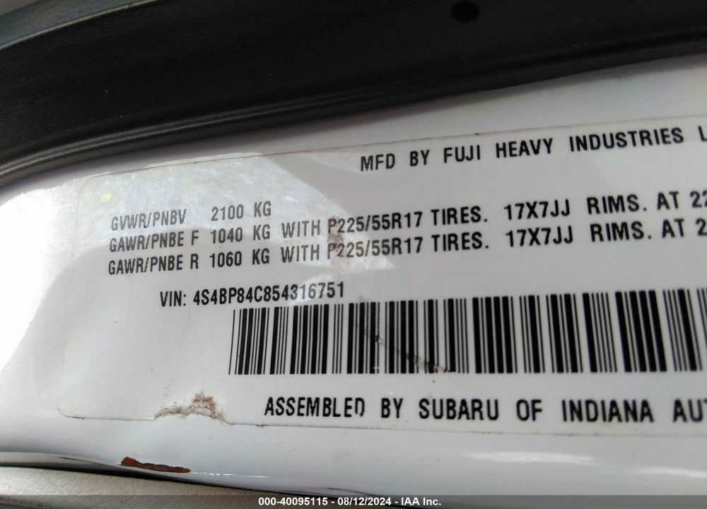 2005 SUBARU OUTBACK VIN: 4S4BP84C854316751