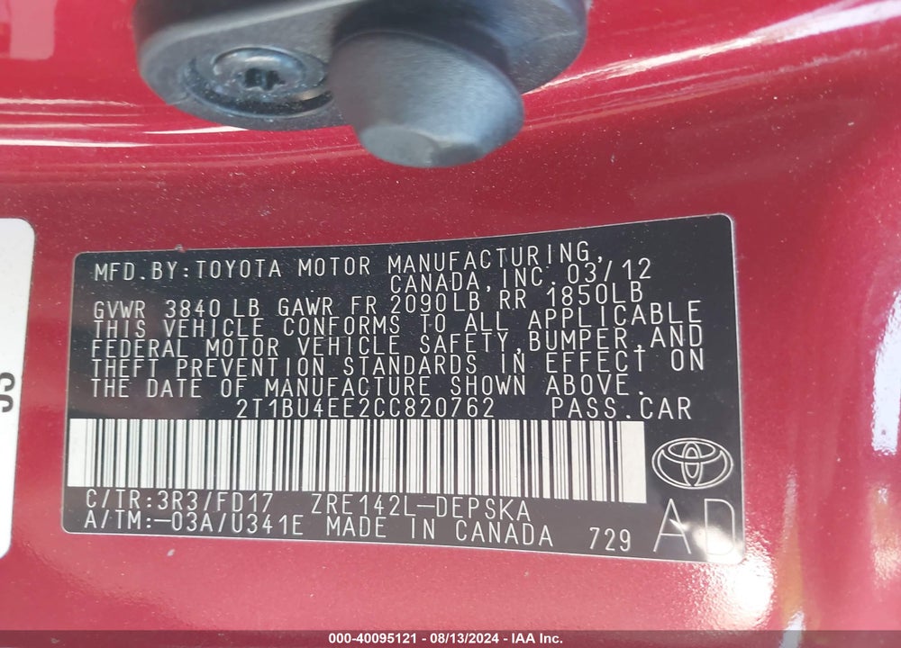 2012 TOYOTA COROLLA S VIN: 2T1BU4EE2CC820762