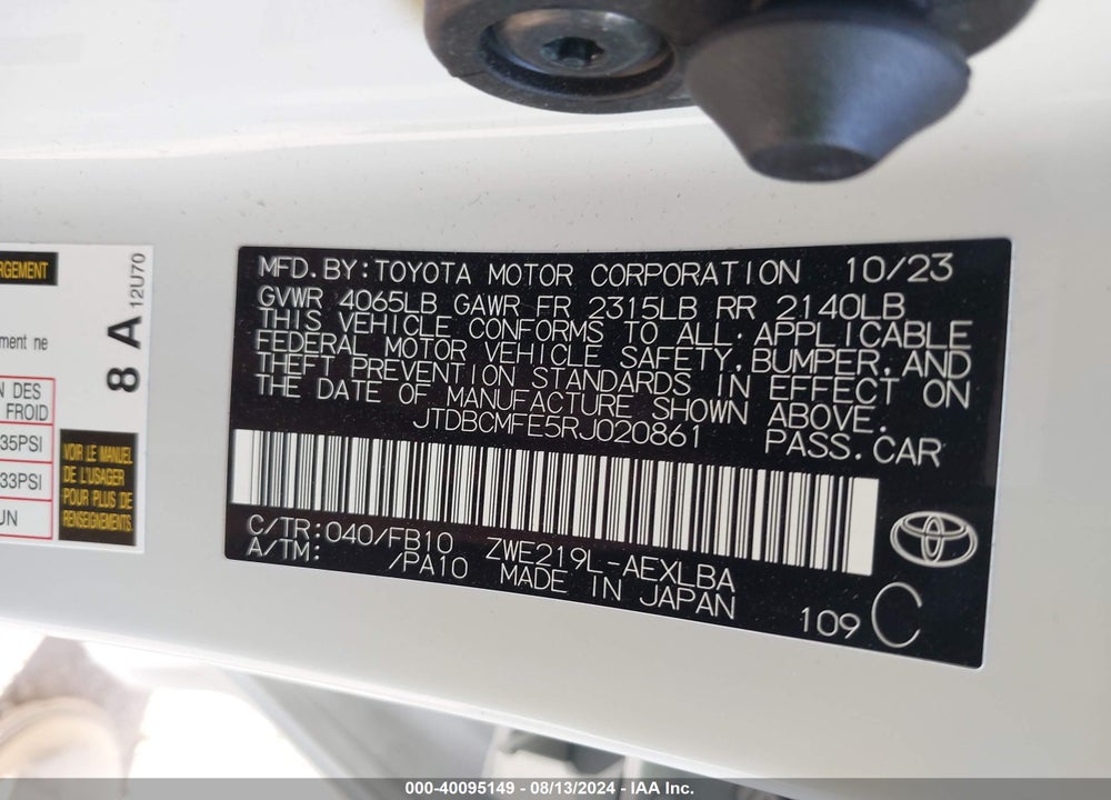 2024 TOYOTA COROLLA HYBRID LE VIN: JTDBCMFE5RJ020861