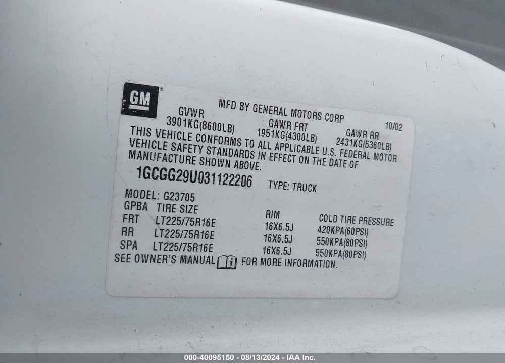 2003 CHEVROLET EXPRESS VIN: 1GCGG29U031122206