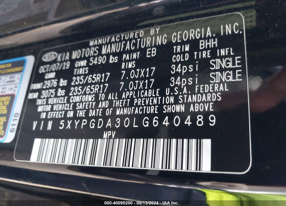 2020 KIA SORENTO 2.4L LX VIN: 5XYPGDA30LG640489