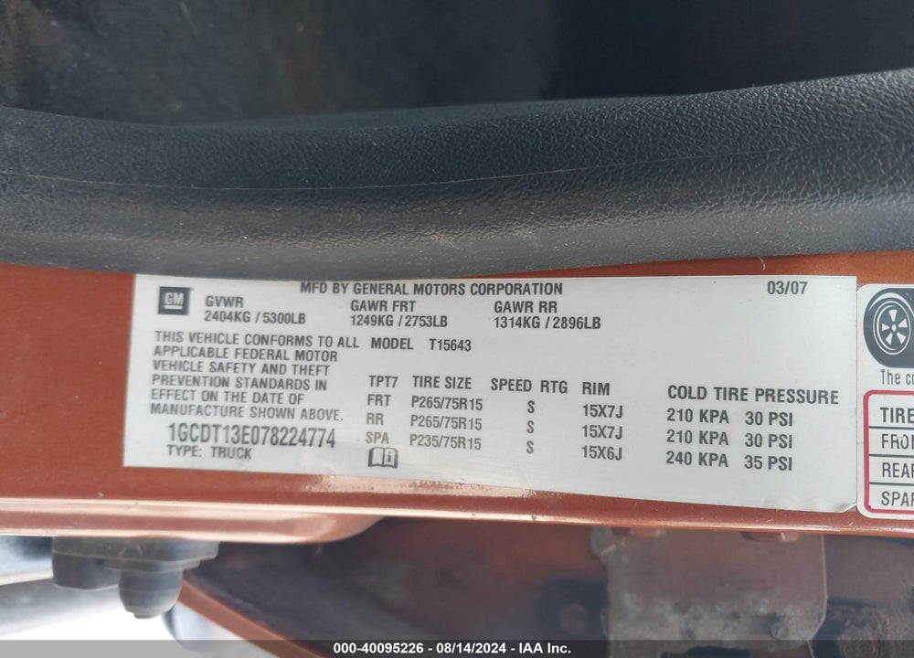 2007 CHEVROLET COLORADO LT VIN: 1GCDT13E078224774