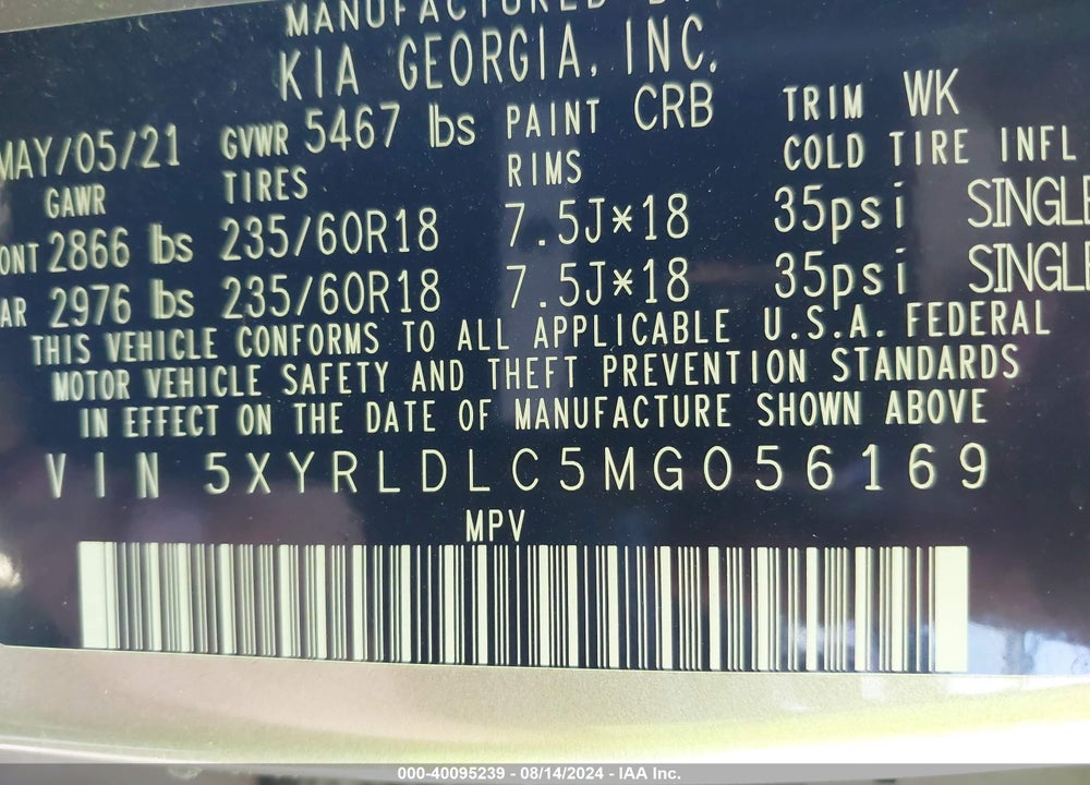 2021 KIA SORENTO S VIN: 5XYRLDLC5MG056169