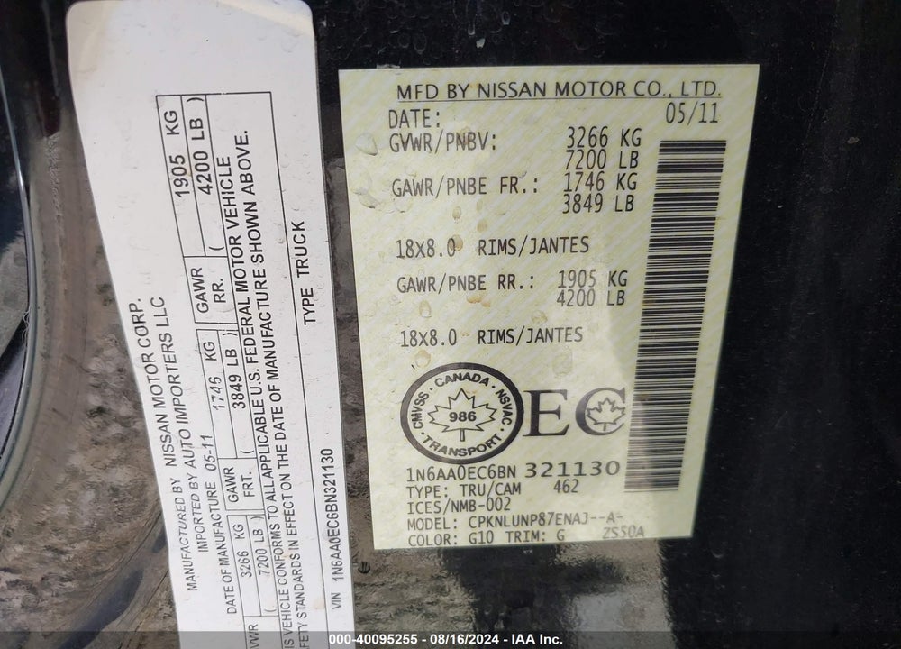 2011 NISSAN TITAN PRO-4X VIN: 1N6AA0EC6BN321130
