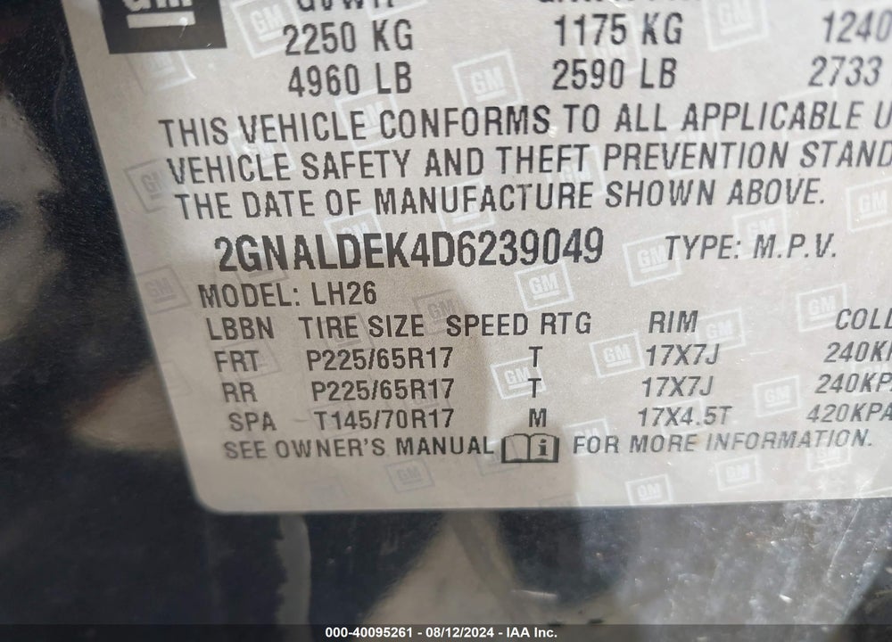 2013 CHEVROLET EQUINOX 1LT VIN: 2GNALDEK4D6239049