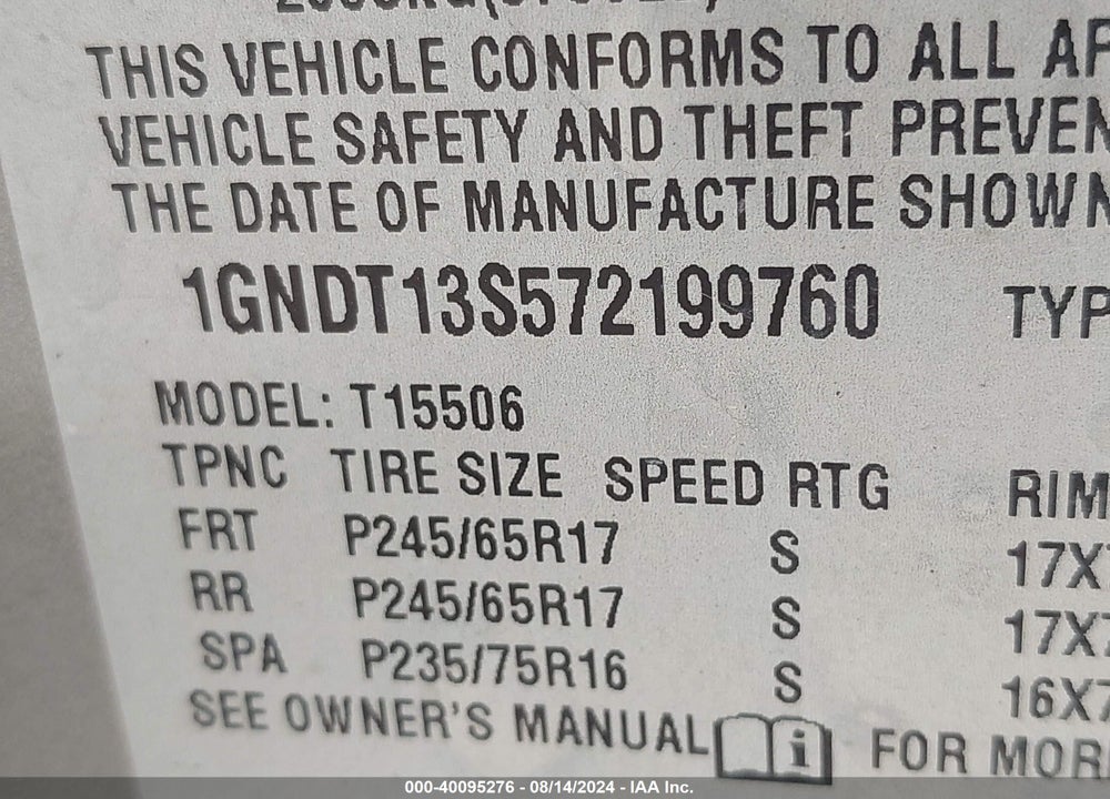 2007 CHEVROLET TRAILBLAZER LS VIN: 1GNDT13S572199760