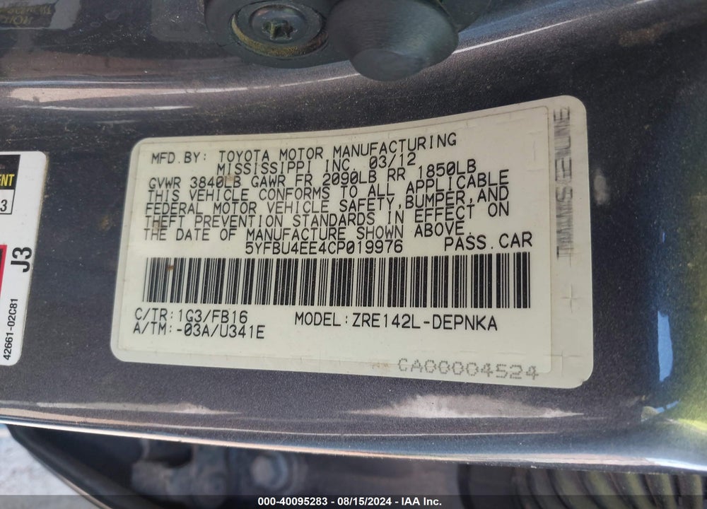 2012 TOYOTA COROLLA VIN: 5YFBU4EE4CP019976