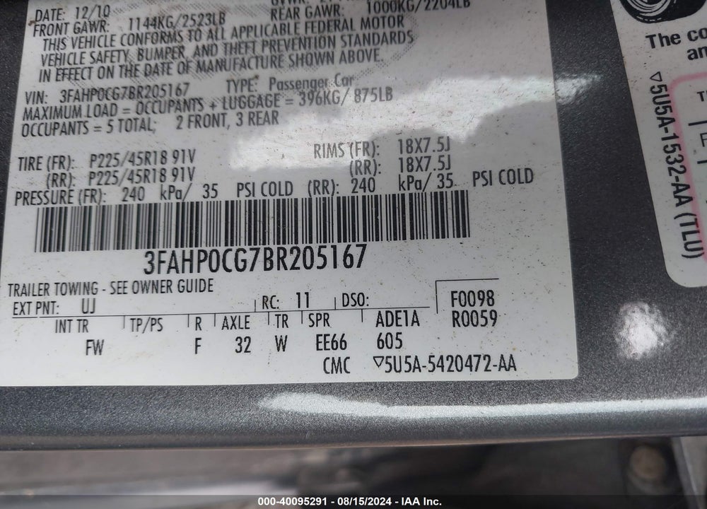 2011 FORD FUSION SEL VIN: 3FAHP0CG7BR205167