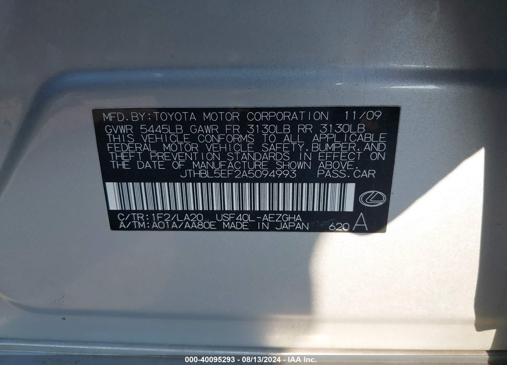 2010 LEXUS LS 460 VIN: JTHBL5EF2A5094993