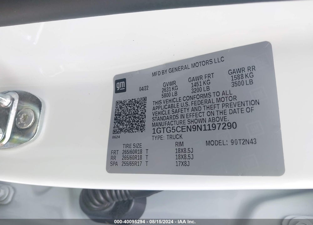2022 GMC CANYON 2WD SHORT BOX ELEVATION VIN: 1GTG5CEN9N1197290