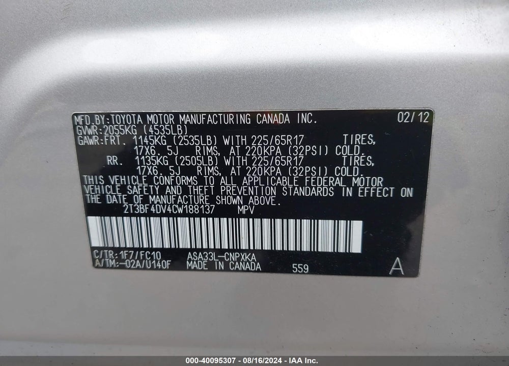 2012 TOYOTA RAV4 VIN: 2T3BF4DV4CW188137