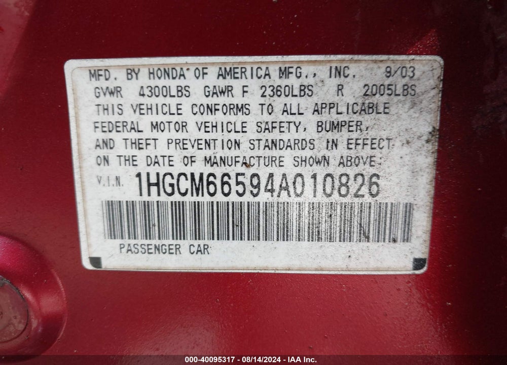 2004 HONDA ACCORD 3.0 EX VIN: 1HGCM66594A010826