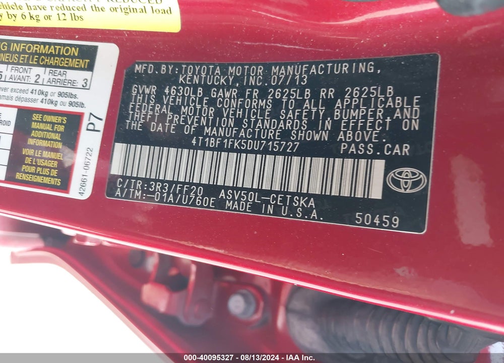 2013 TOYOTA CAMRY SE VIN: 4T1BF1FK5DU715727