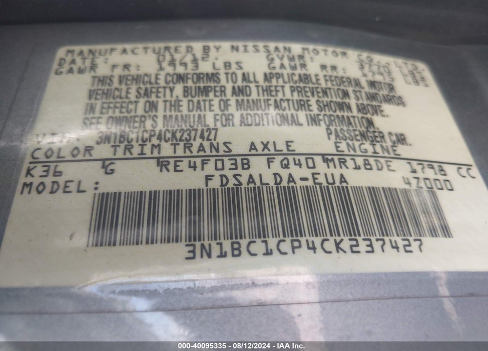 2012 NISSAN VERSA 1.8 S VIN: 3N1BC1CP4CK237427