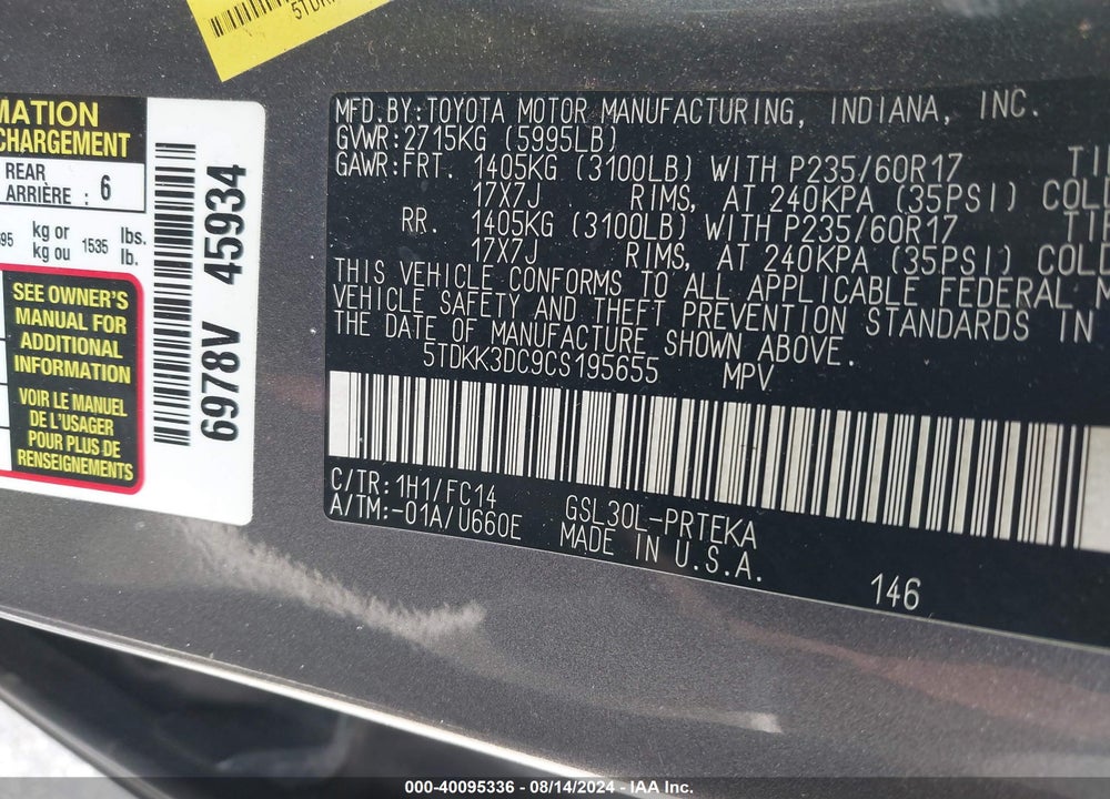 2012 TOYOTA SIENNA LE V6 8 PASSENGER VIN: 5TDKK3DC9CS195655