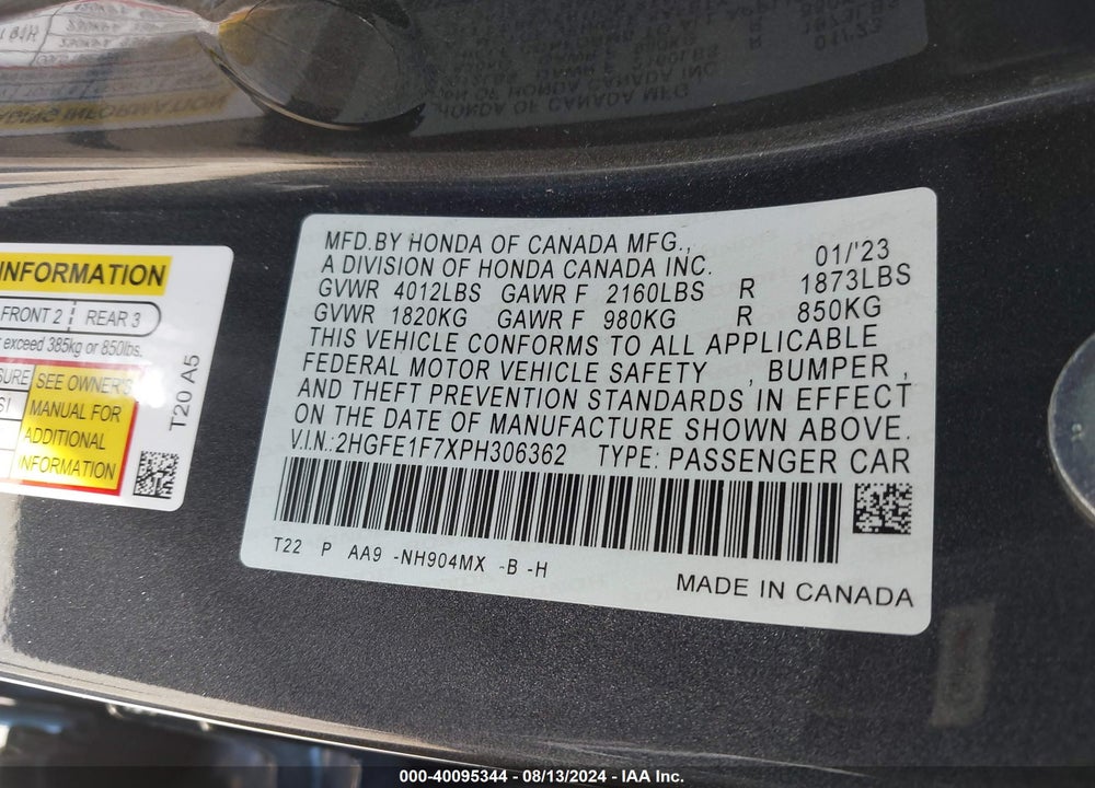 2023 HONDA CIVIC EX /EX W/O BSI VIN: 2HGFE1F7XPH306362