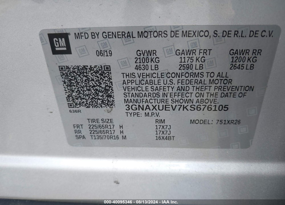 2019 CHEVROLET EQUINOX LT VIN: 3GNAXUEV7KS676105