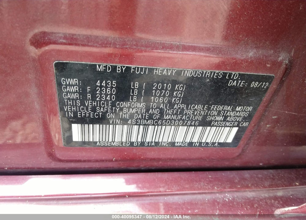 2013 SUBARU LEGACY 2.5I PREMIUM VIN: 4S3BMBC65D3007846