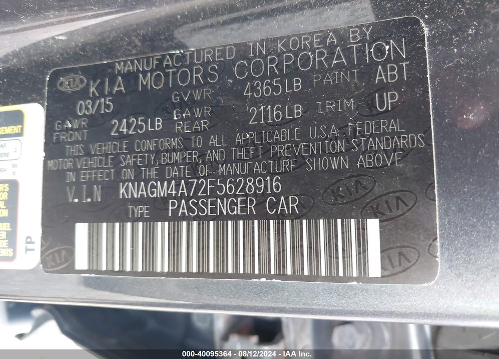 2015 KIA OPTIMA LX VIN: KNAGM4A72F5628916