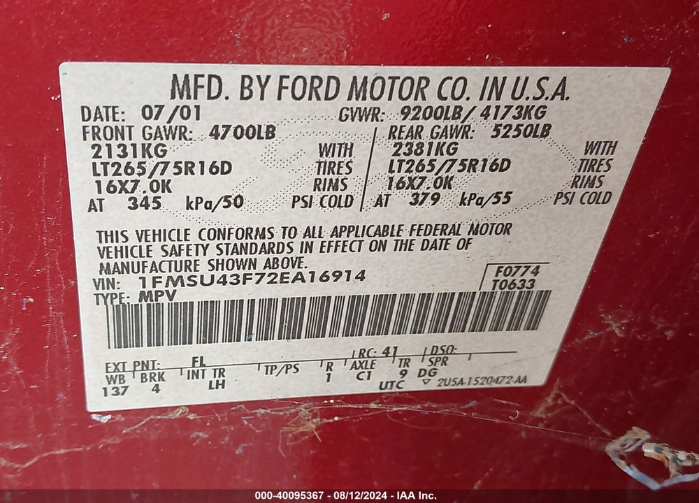 2002 FORD EXCURSION LIMITED VIN: 1FMSU43F72EA16914