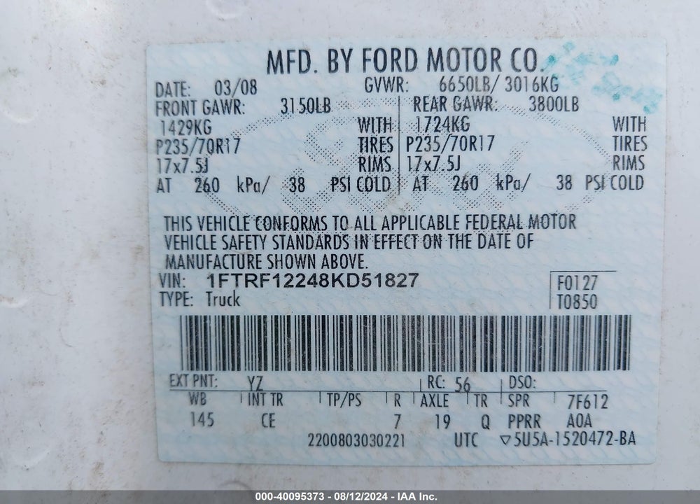 2008 FORD F-150 STX/XL/XLT VIN: 1FTRF12248KD51827