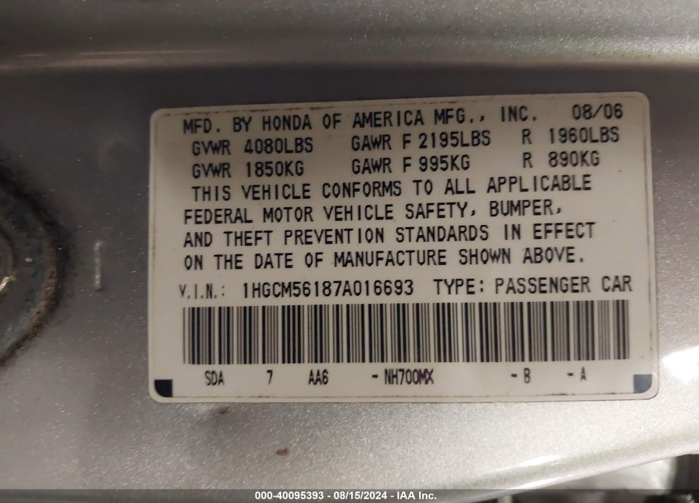 2007 HONDA ACCORD VIN: 1HGCM56187A016693