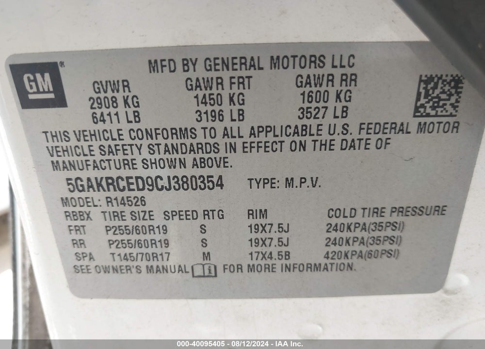 2012 BUICK ENCLAVE LEATHER VIN: 5GAKRCED9CJ380354