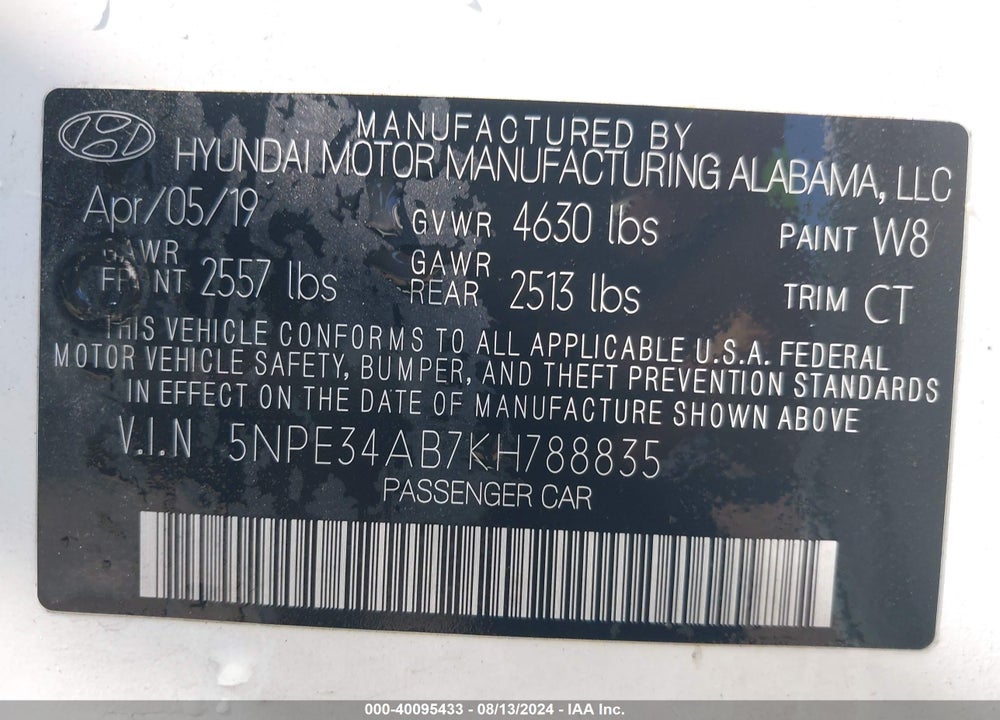 2019 HYUNDAI SONATA LIMITED 2.0T VIN: 5NPE34AB7KH788835