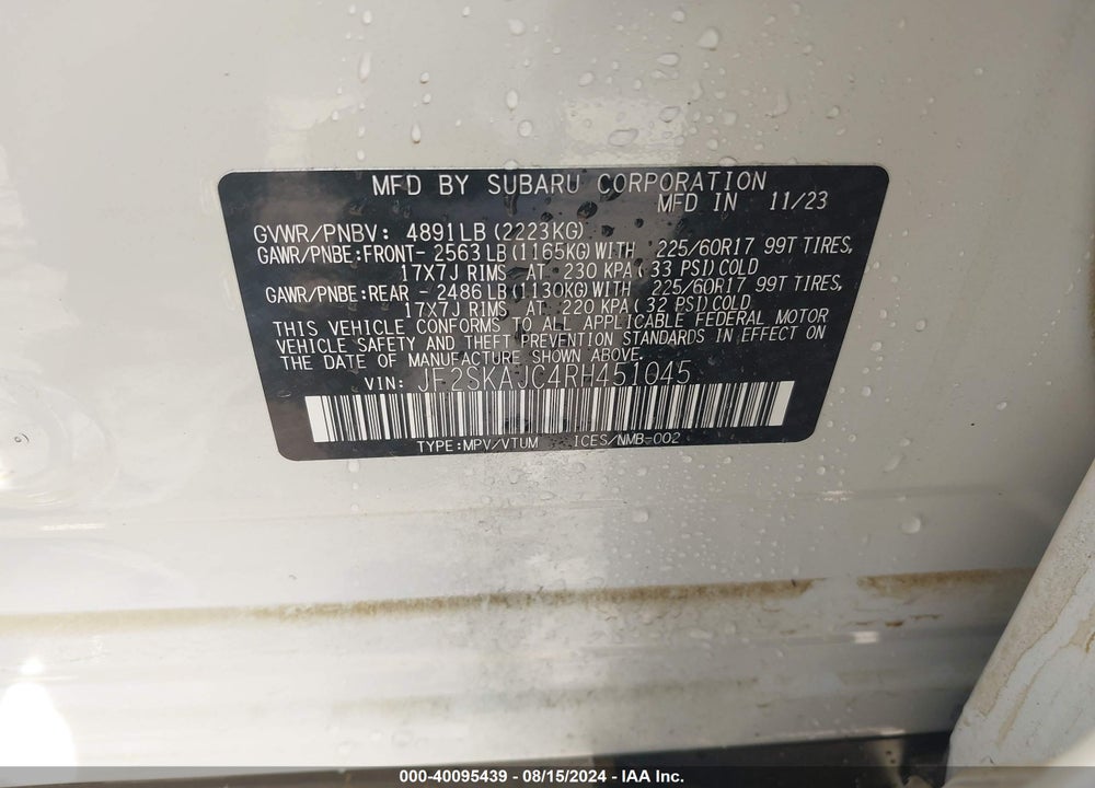 2024 SUBARU FORESTER WILDERNESS VIN: JF2SKAJC4RH451045
