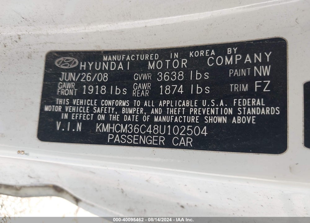 2008 HYUNDAI ACCENT GS VIN: KMHCM36C48U102504