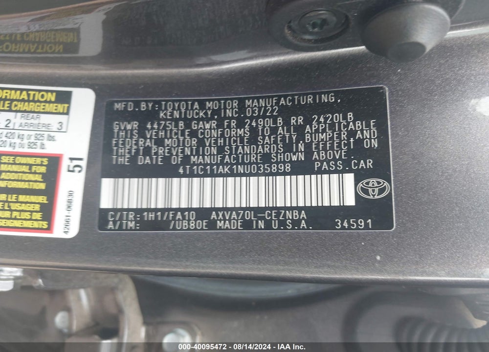 2022 TOYOTA CAMRY LE VIN: 4T1C11AK1NU035898