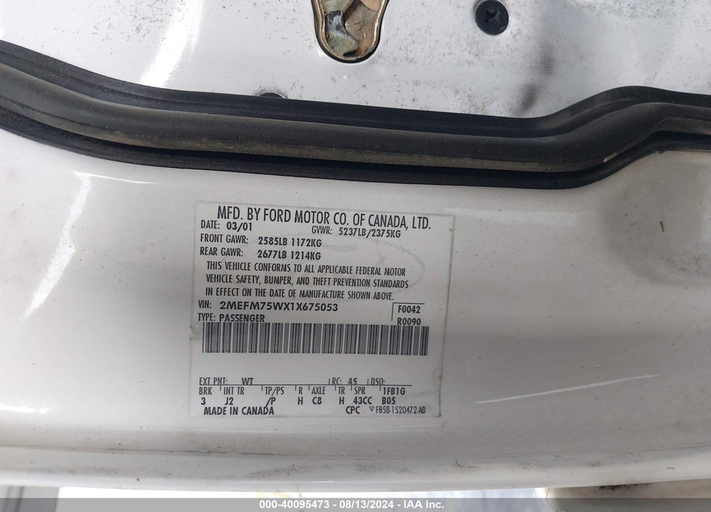2001 MERCURY GRAND MARQUIS LS VIN: 2MEFM75WX1X675053