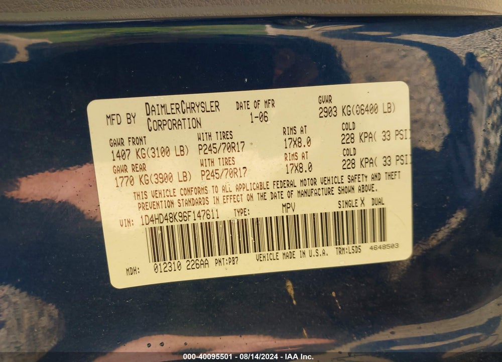 2006 DODGE DURANGO SLT VIN: 1D4HD48K96F147611