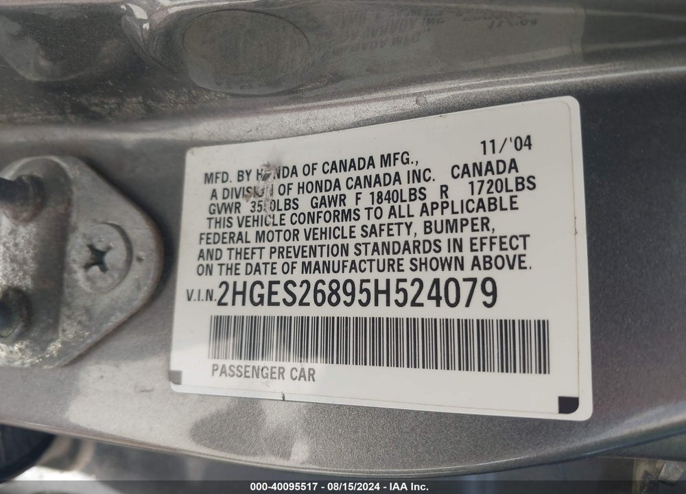 2005 HONDA CIVIC EX VIN: 2HGES26895H524079