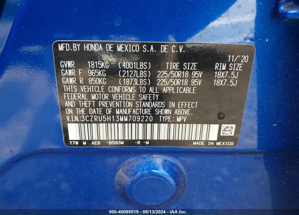 2021 HONDA HR-V 2WD SPORT VIN: 3CZRU5H13MM709220