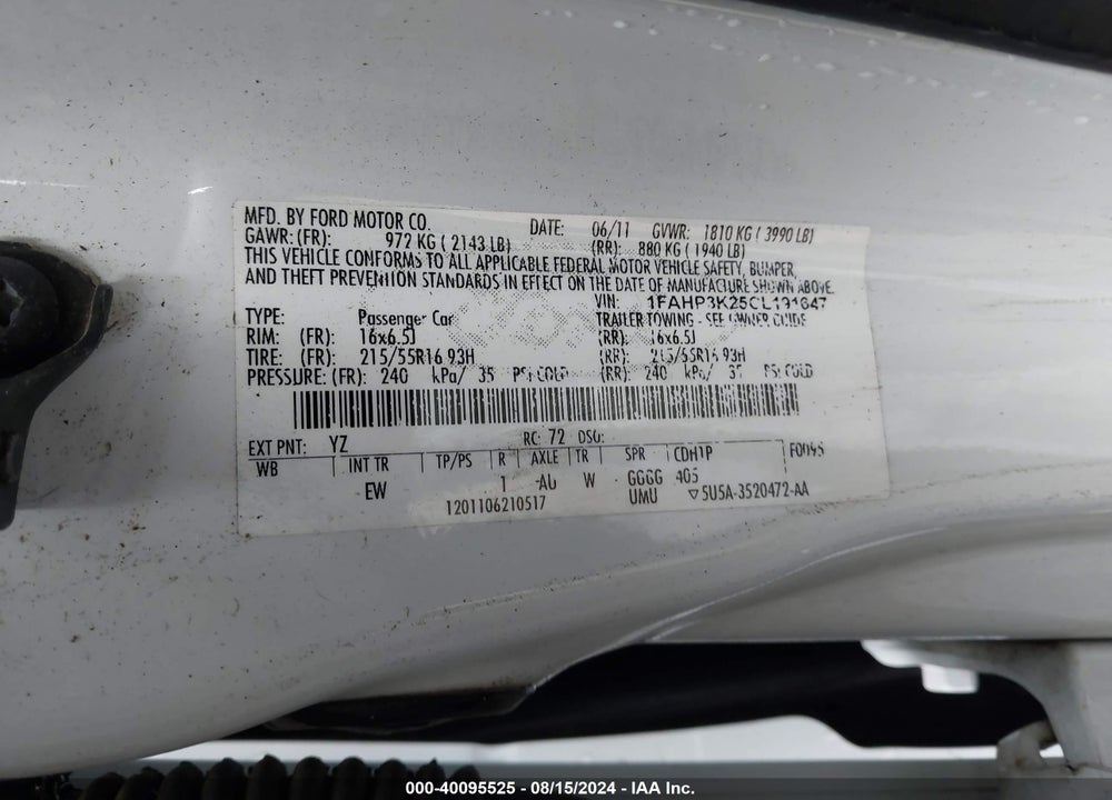 2012 FORD FOCUS SE VIN: 1FAHP3K25CL191647