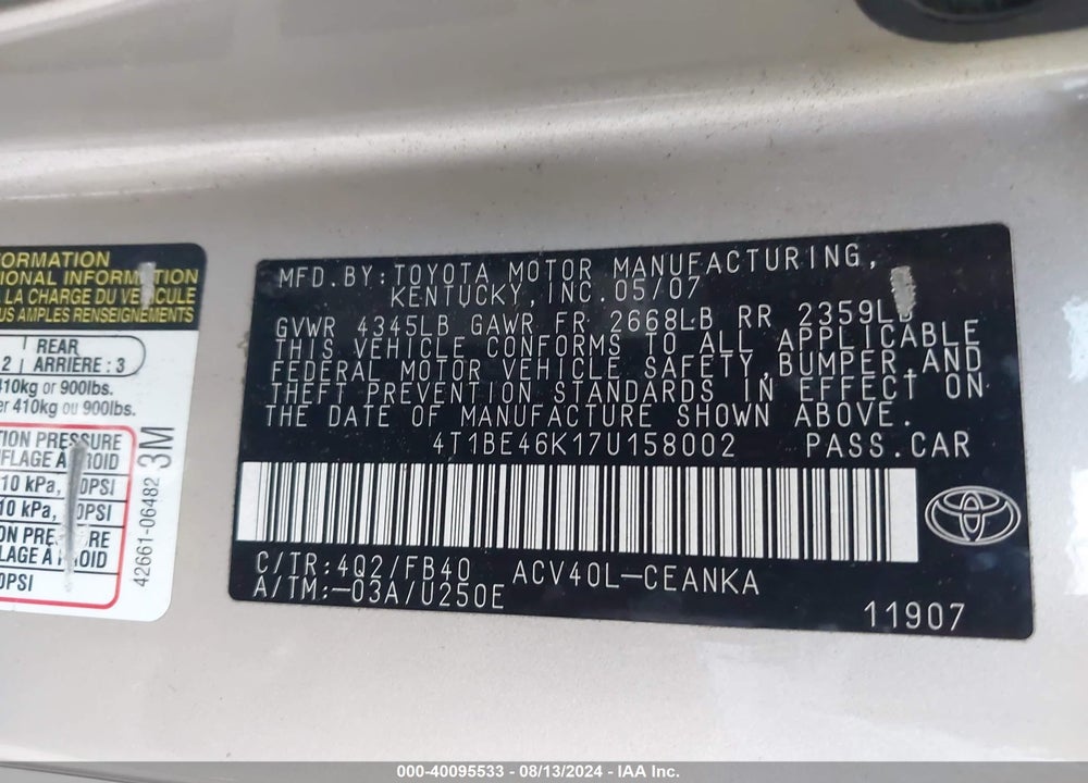 2007 TOYOTA CAMRY LE VIN: 4T1BE46K17U158002
