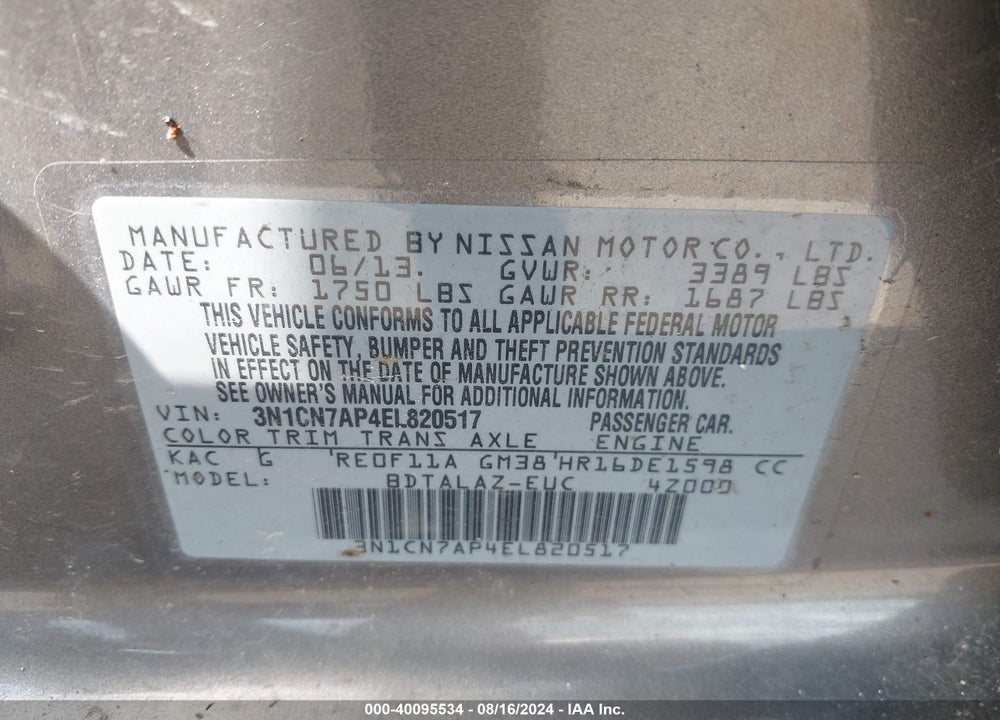 2014 NISSAN VERSA 1.6 S+ VIN: 3N1CN7AP4EL820517