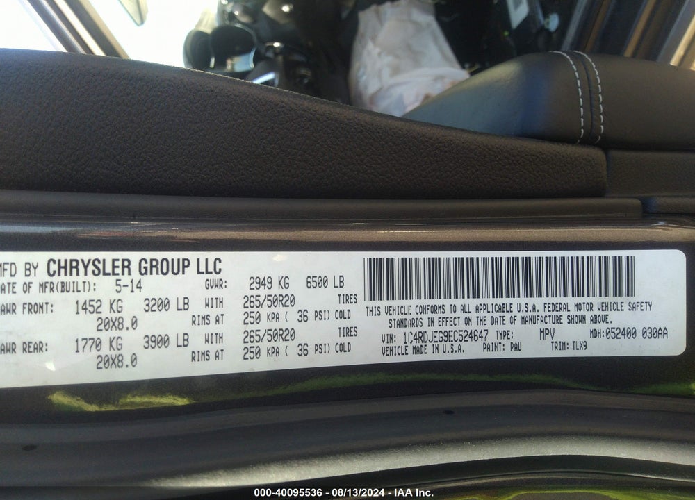2014 DODGE DURANGO VIN: 1C4RDJEG9EC524647