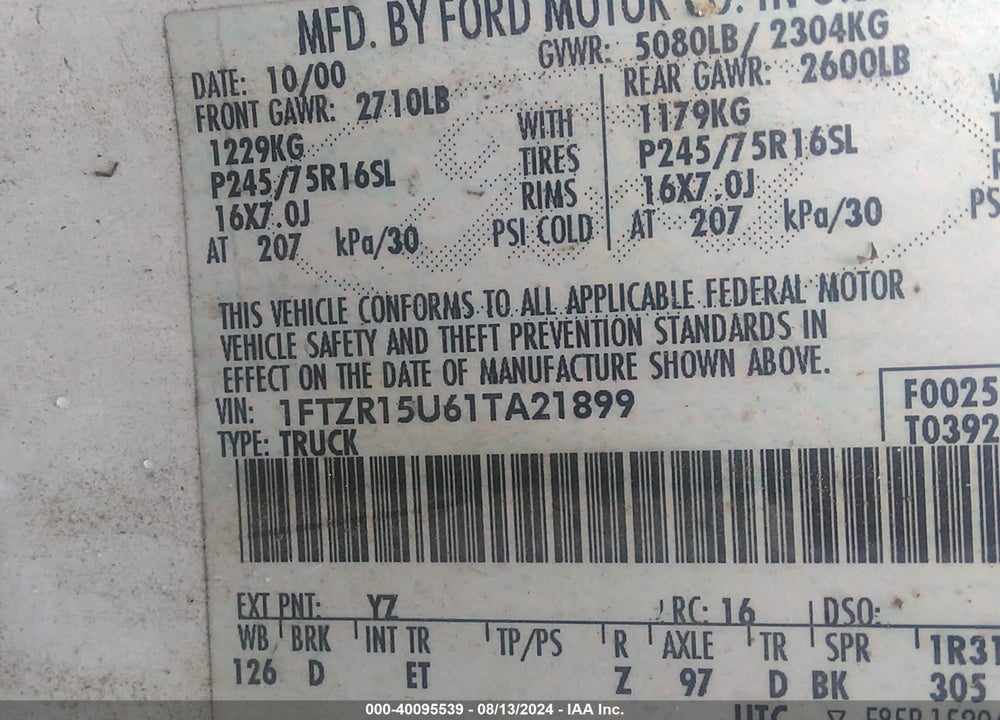 2001 FORD RANGER EDGE/XLT VIN: 1FTZR15U61TA21899
