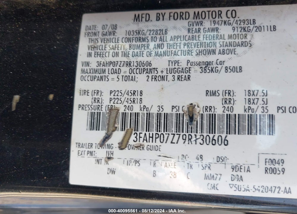 2009 FORD FUSION SE VIN: 3FAHP07Z79R130606