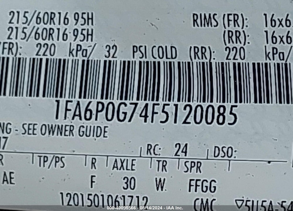 2015 FORD FUSION S VIN: 1FA6P0G74F5120085