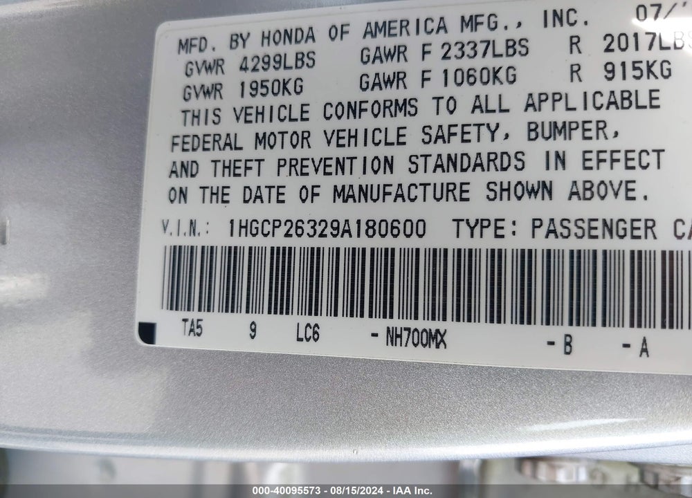 2009 HONDA ACCORD 2.4 LX VIN: 1HGCP26329A180600