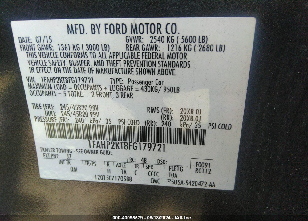 2015 FORD TAURUS SHO VIN: 1FAHP2KT8FG179721