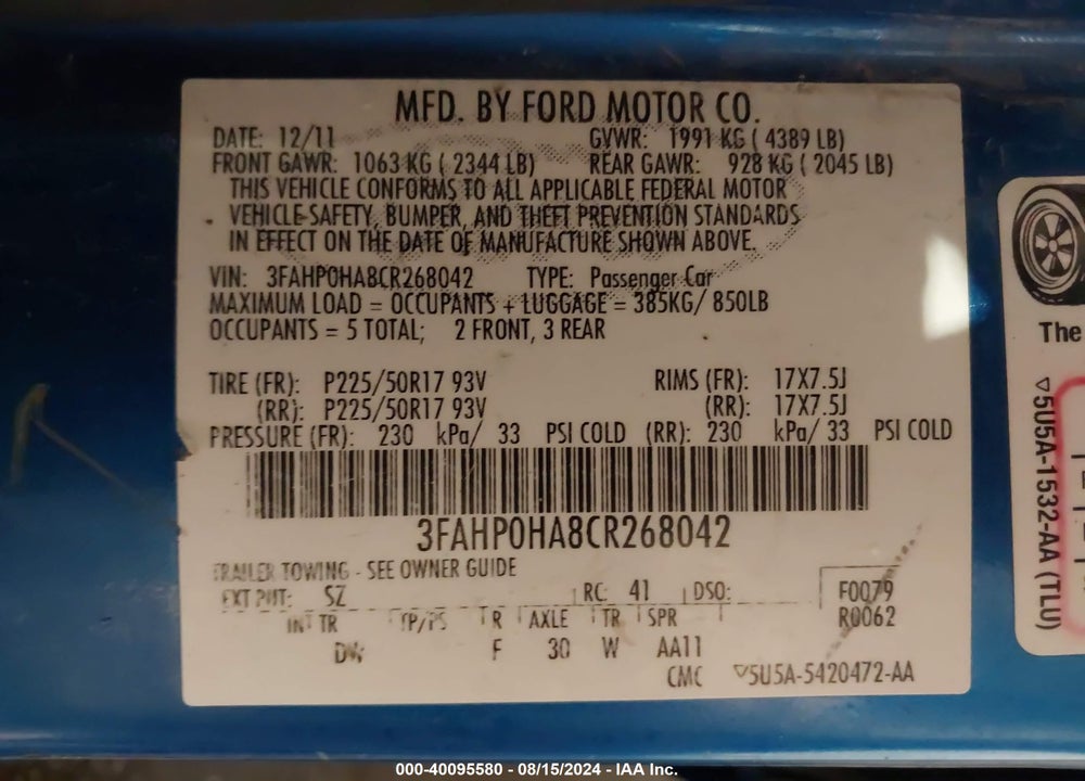2012 FORD FUSION SE VIN: 3FAHP0HA8CR268042