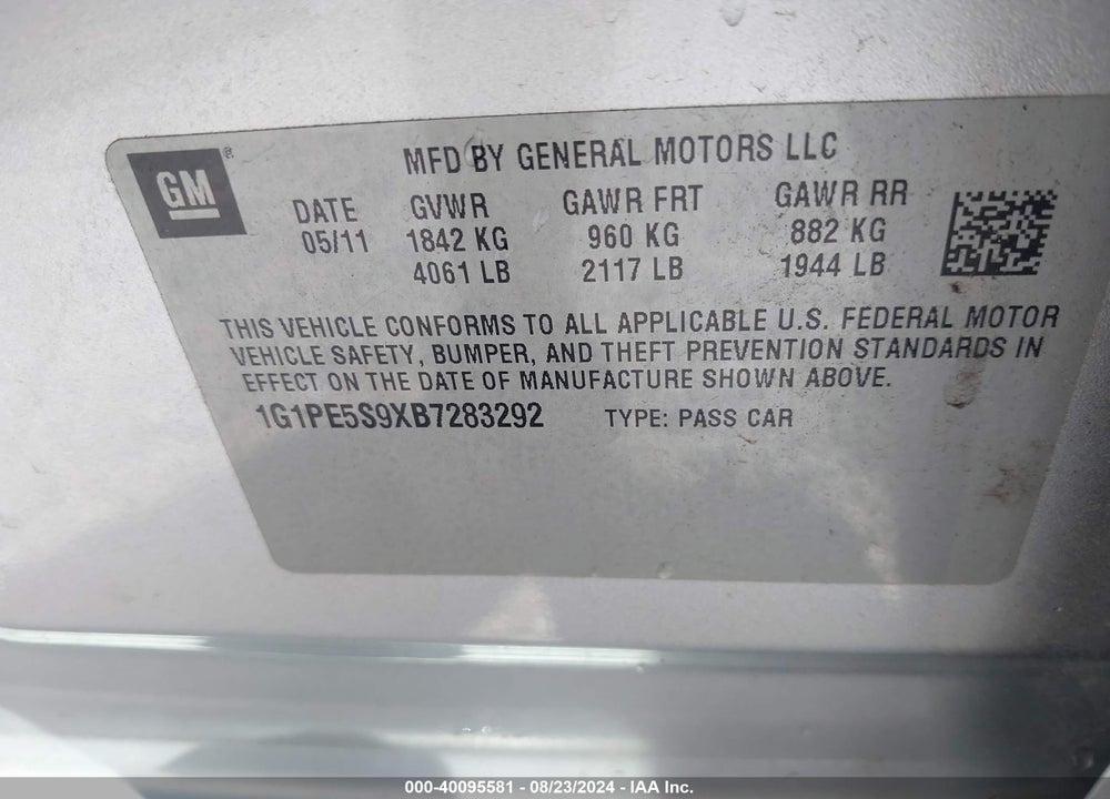 2011 CHEVROLET CRUZE LT VIN: 1G1PE5S9XB7283292