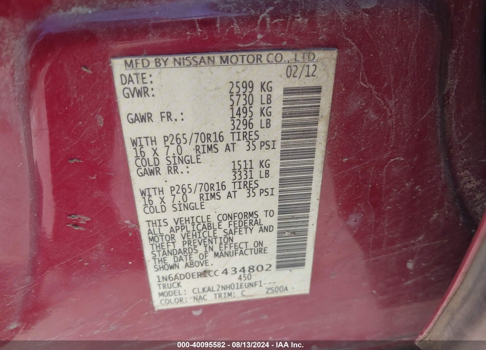 2012 NISSAN FRONTIER SV VIN: 1N6AD0ER1CC434802